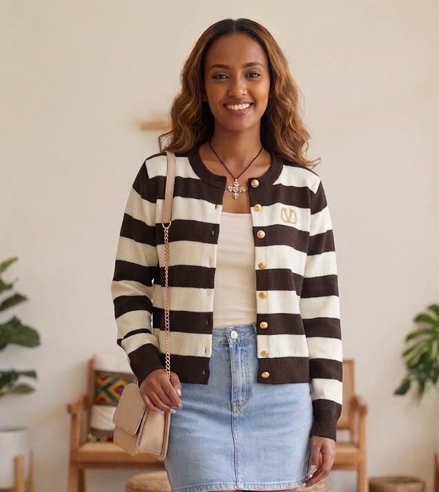 Brown and white striped knit cardigan