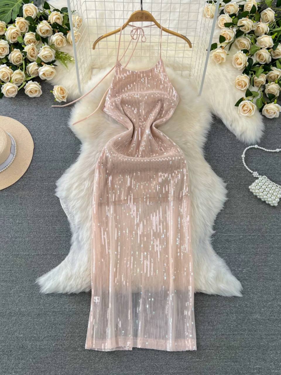 Blush pink glossy sequined backless halter midi dress