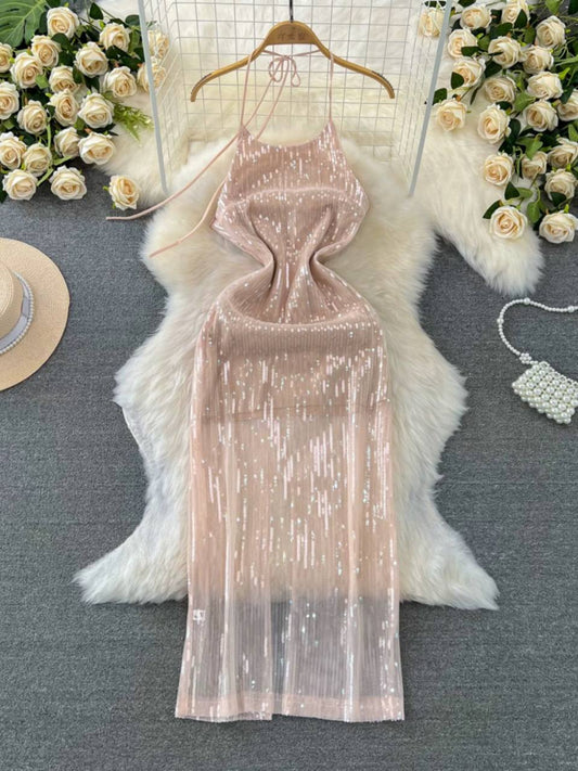 Blush pink glossy sequined backless halter midi dress