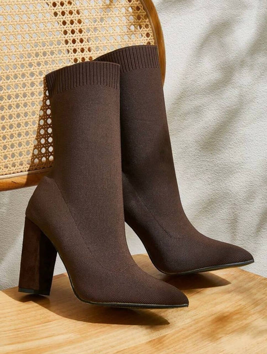 CUCCOO BASICS Pointy Toe Chunky High Heel Slip-On Knitted Tight Boots