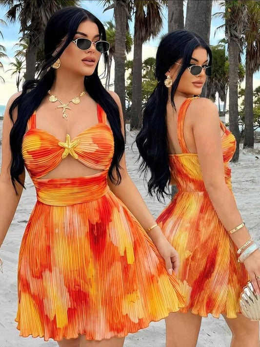 Tie-dye metal starfish decor hollow out mini dress