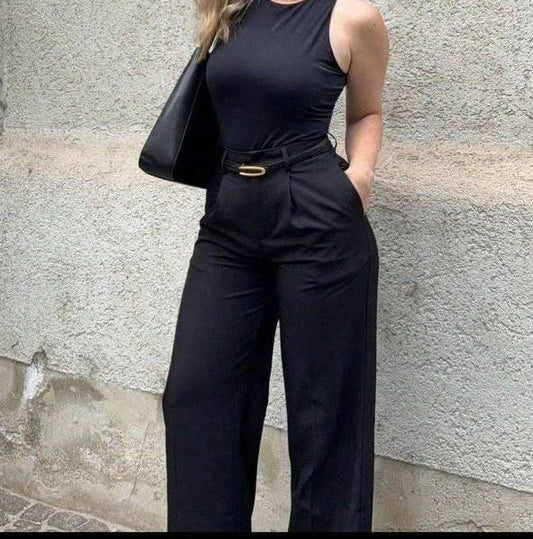 High-waisted pleated wide-leg trousers
