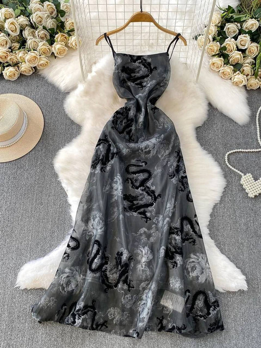 Chinese-style dragon-print maxi dress