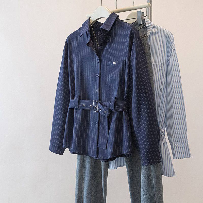 Navy blue pinstripe long-sleeve shirt