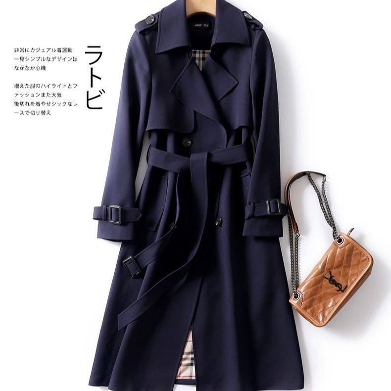 Women's double-breasted navy blue trench coat
