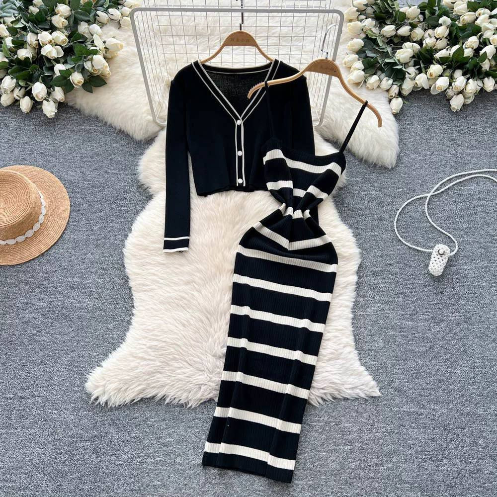Black and white striped knit two-piece set