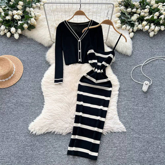 Black and white striped knit two-piece set