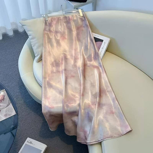 Pink and purple tie-dye satin midi skirt
