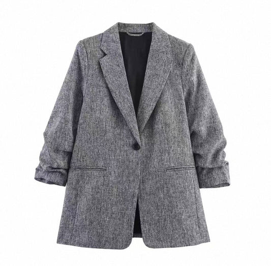 Grey ruched-sleeve blazer