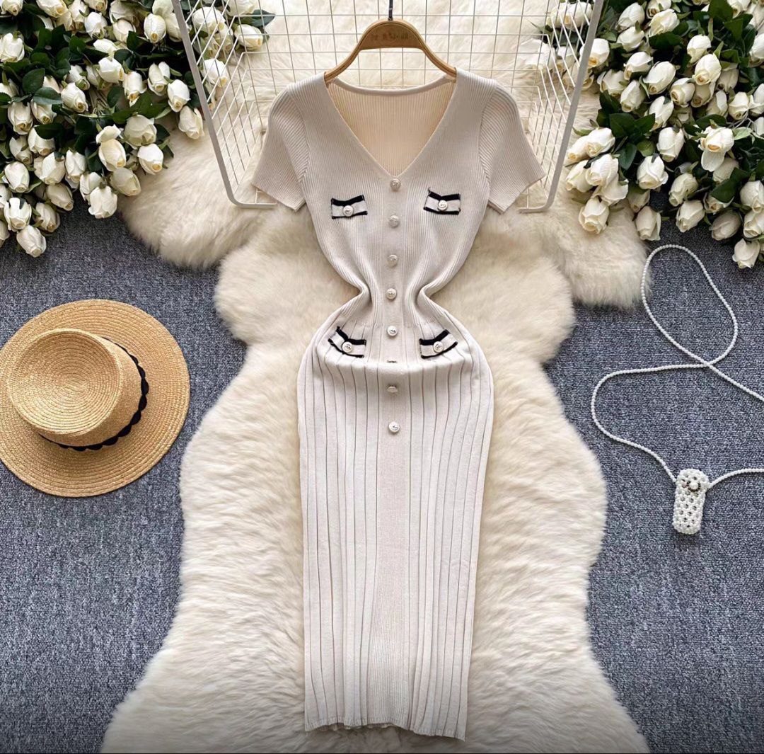 White Ribbed Knit Midi Dress with Decorative Buttons