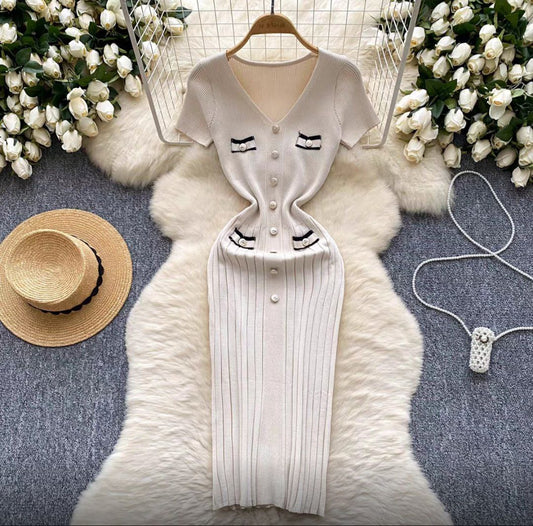 White Ribbed Knit Midi Dress with Decorative Buttons