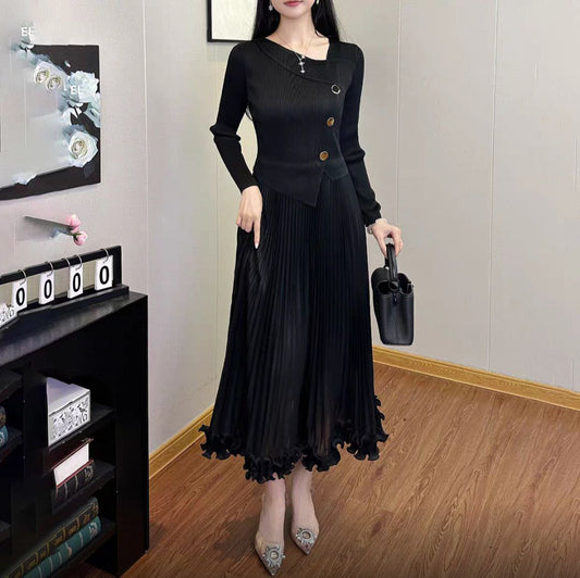 Ribbed Knit Pleated black dress with Asymmetrical Neckline