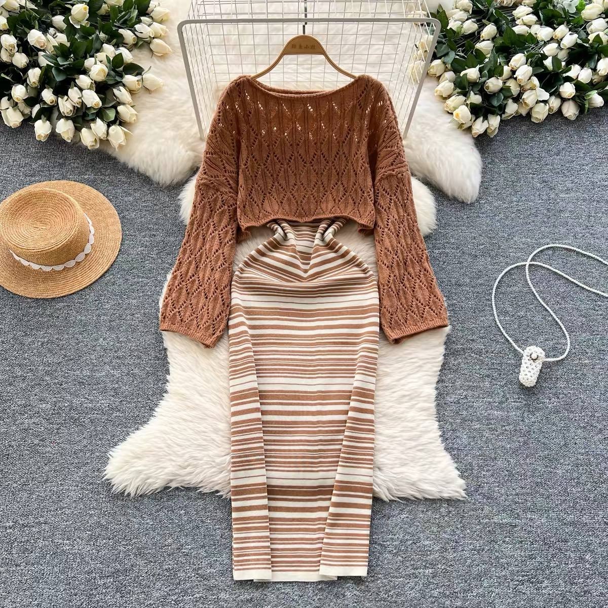 Cropped crochet-knit long-sleeve sweater