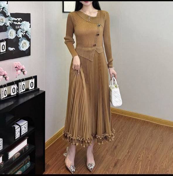 Ribbed Knit Pleated black dress with Asymmetrical Neckline