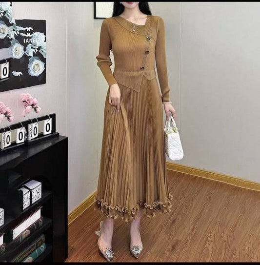 Ribbed Knit Pleated black dress with Asymmetrical Neckline