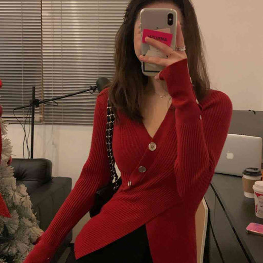 Korean style asymmetrical cross button slit ribbed knit cardigan