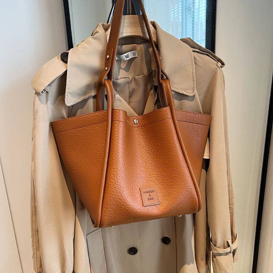 Brown pebbled leather trapezoid tote bag