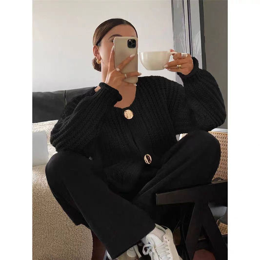 Black chunky-knit, dropped-shoulder cardigan