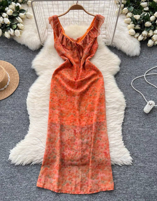 Orange floral print V-neck ruffle midi dress