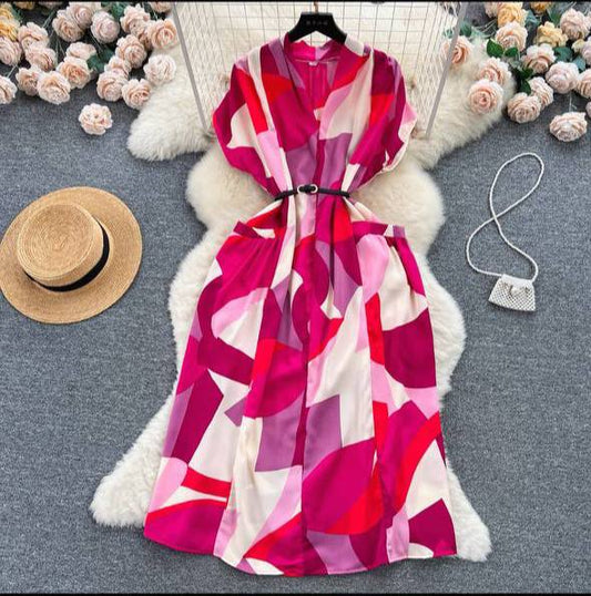 Vintage V-neck Printed Dress Women's Summer
