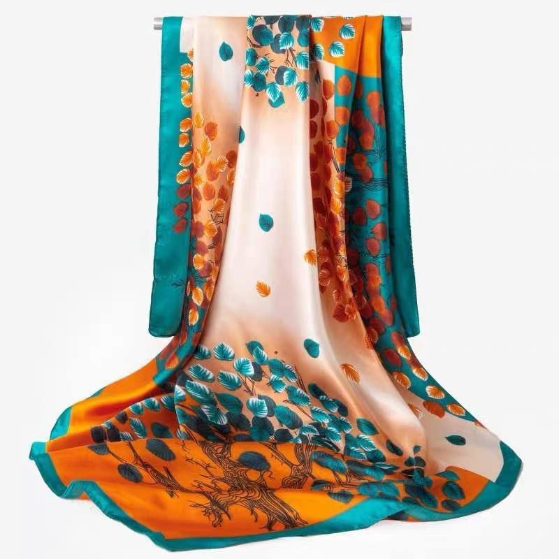 Vintage-style tree and leaf print square satin scarf