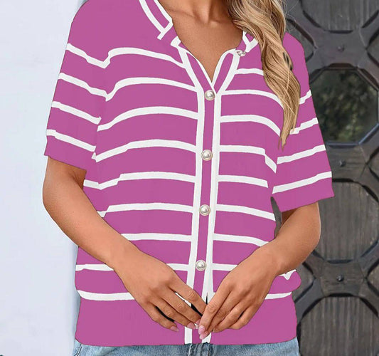 Scented cotton bottom stripe cardigan T-shirt