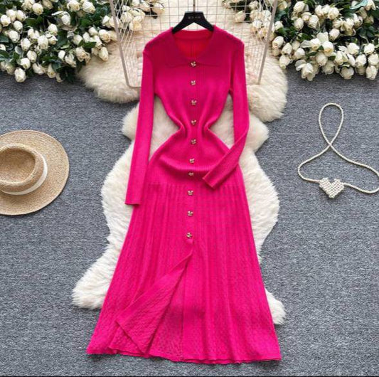Vibrant Pink Ribbed Knit Button-Front Midi or Maxi Dress