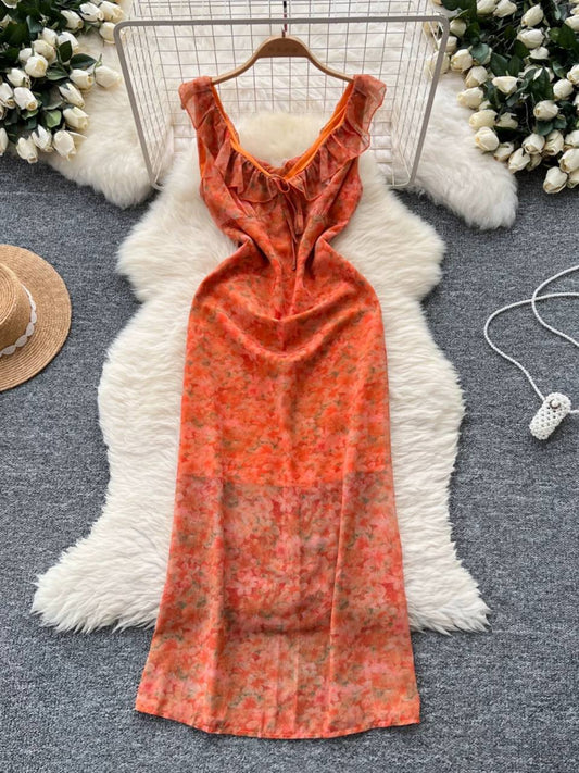 Orange floral print V-neck ruffle midi dress
