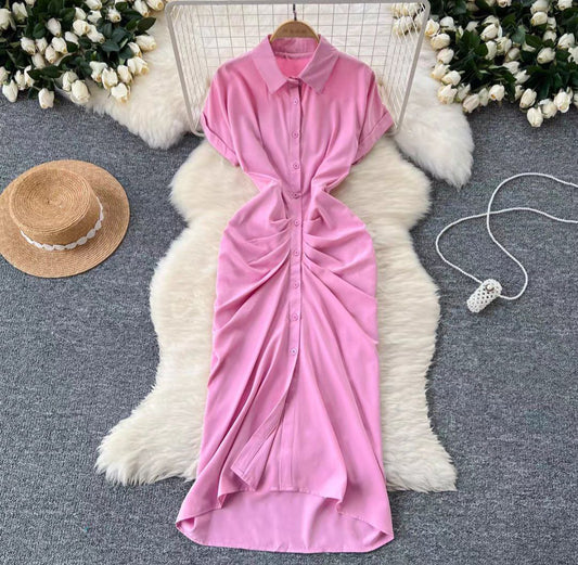 Pink short-sleeve midi shirt dress with a ruched waist