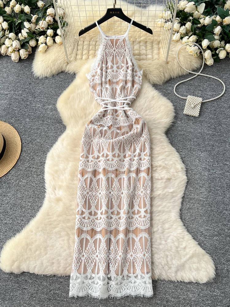 White lace halter midi dress