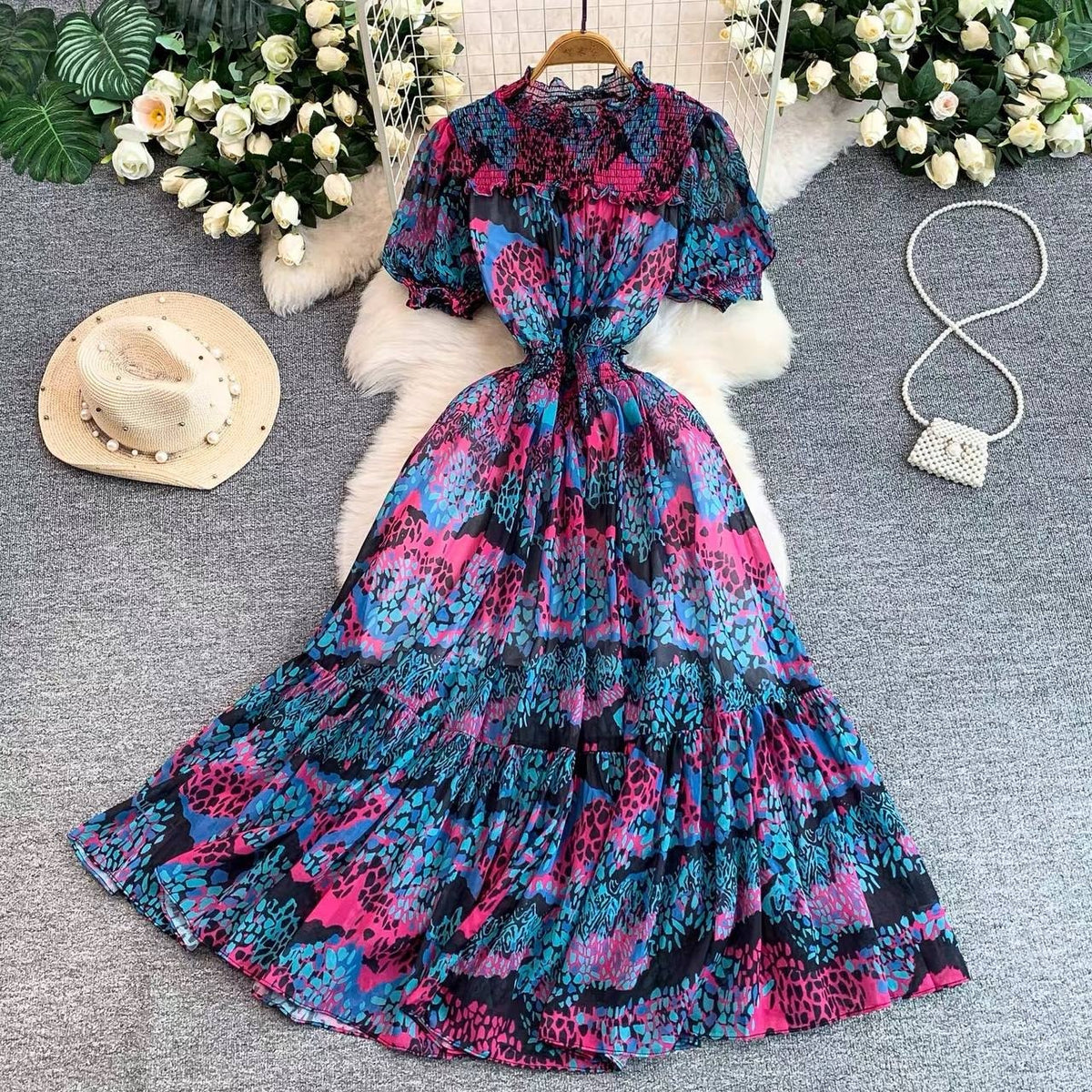Colorful pleated short sleeve midi or maxi dress