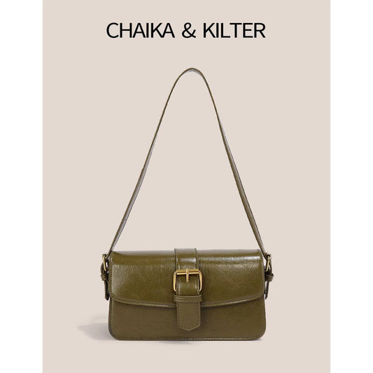 Olive green baguette-style shoulder bag