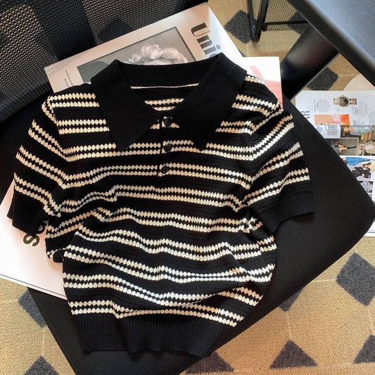 Black and white striped knit polo shirt