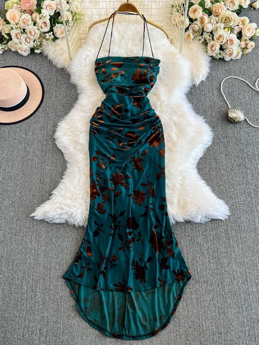 Teal Burnout Floral Velvet Dress