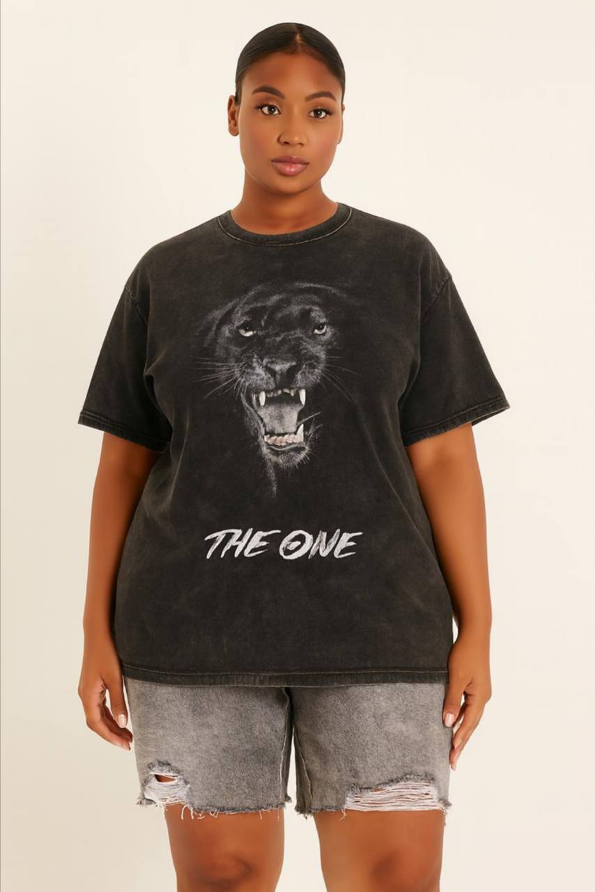 Black graphic t-shirt featuring a roaring panther and "THE ONE"