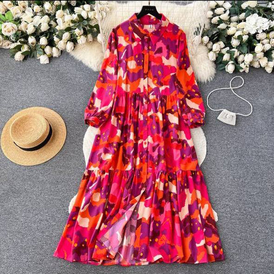 Halo-Dyed Printed Casual Loose and Slimming A-Line Large Hem Shirt Dress