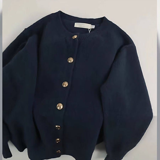 Women's navy blue crewneck knit cardigan