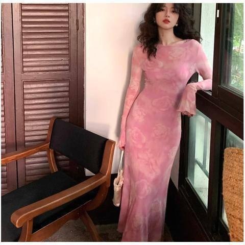 Y2K-inspired French retro pink floral mesh maxi dress