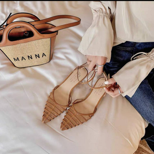 French Style Pointed Hollow Middle Heel Baotou Braided Sandals