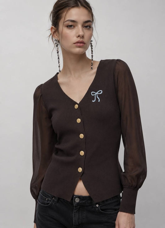 Dark brown knit button-up top or fitted cardigan