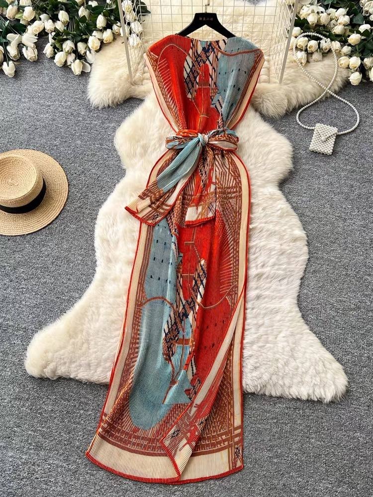 Pleated scarf-print maxi dress