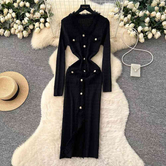 Chic Ribbed Cutout Waist Knit Midi Dress