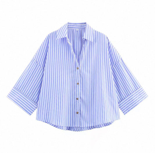 Blue and white striped oversized button-down shirt