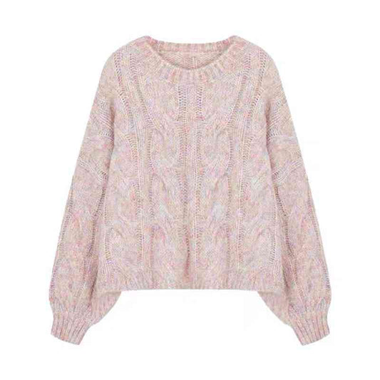 Pastel pink multi-color mix cable-knit pullover sweater