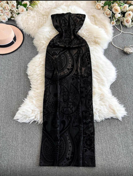 Black velvet burnout strapless maxi dress