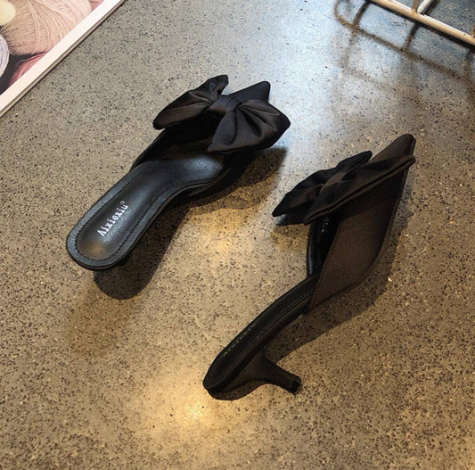 Black high heels bow lazy half drag cat mule slippers for women