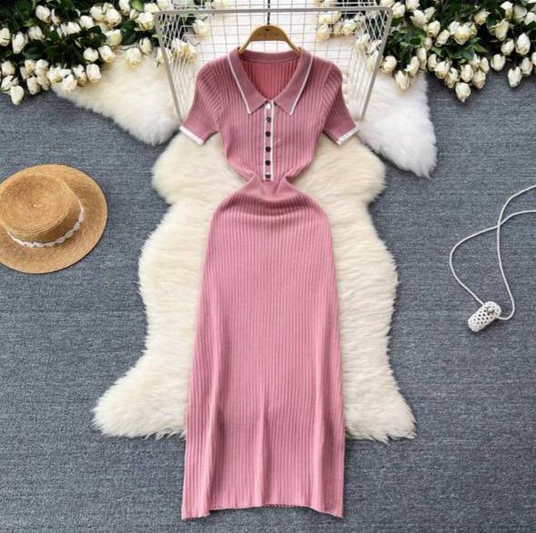 Ribbed knit polo collar midi dress