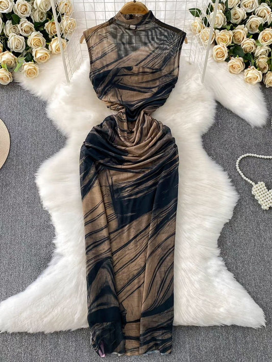 Abstract Print Mesh Bodycon Dress