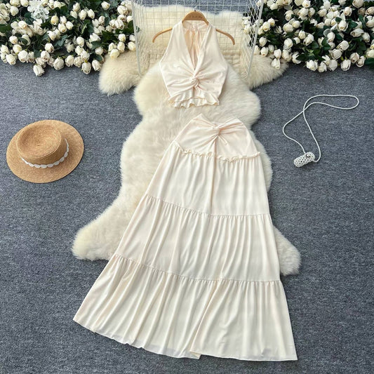 Two-piece halter top and tiered maxi skirt matching set