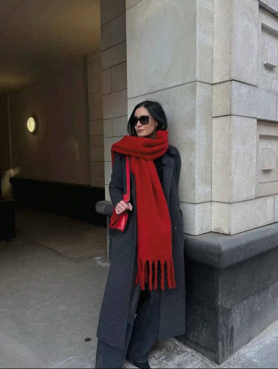 Red oversized fringe-trimmed knit scarf